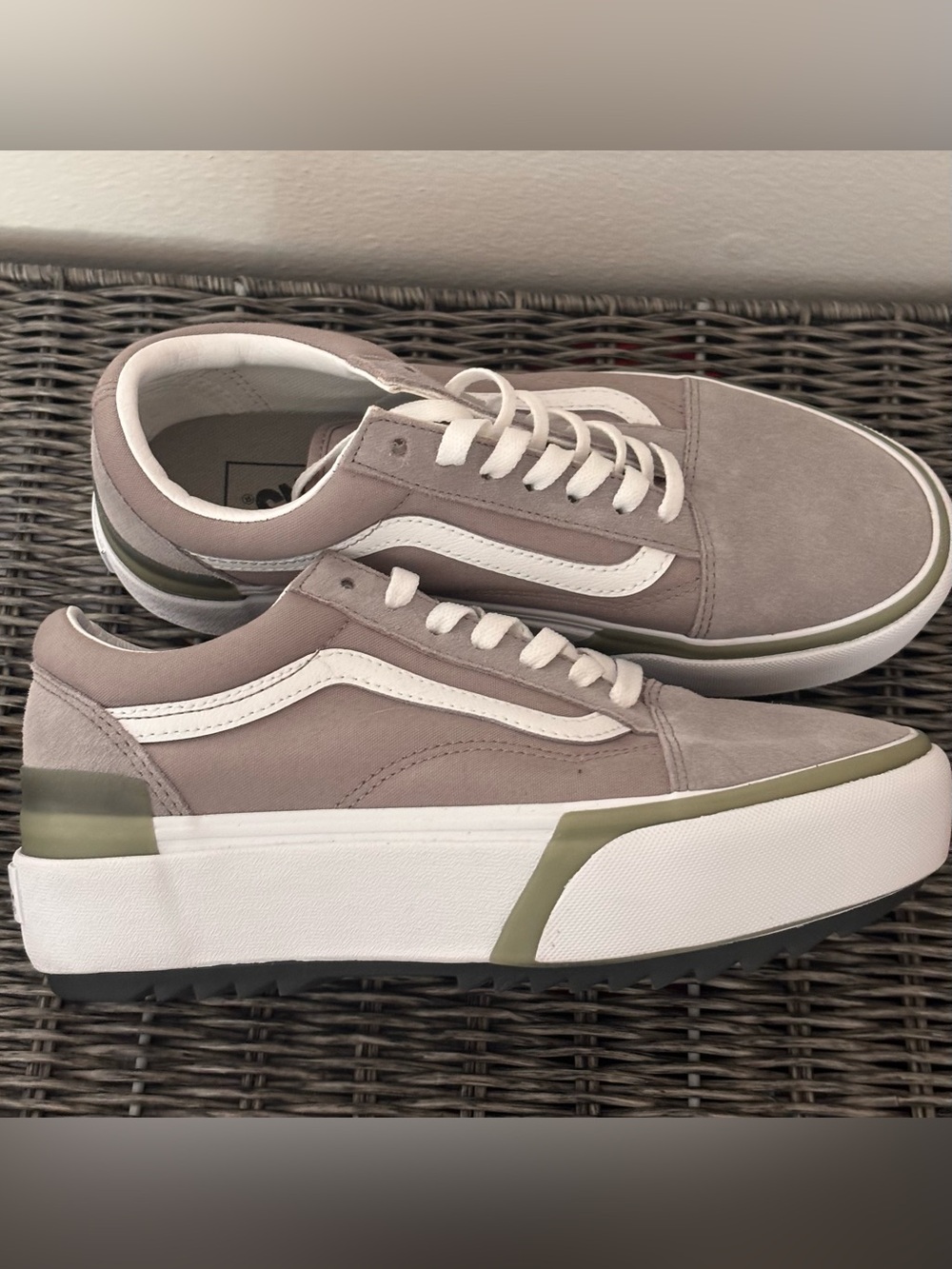 Vans Low Top Sneakers in Taupe and White with Olive Accents Size 7.5